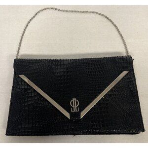 JLO Black Rochelle Faux Crocodile Embossed Clutch Bag Purse Silver Accents